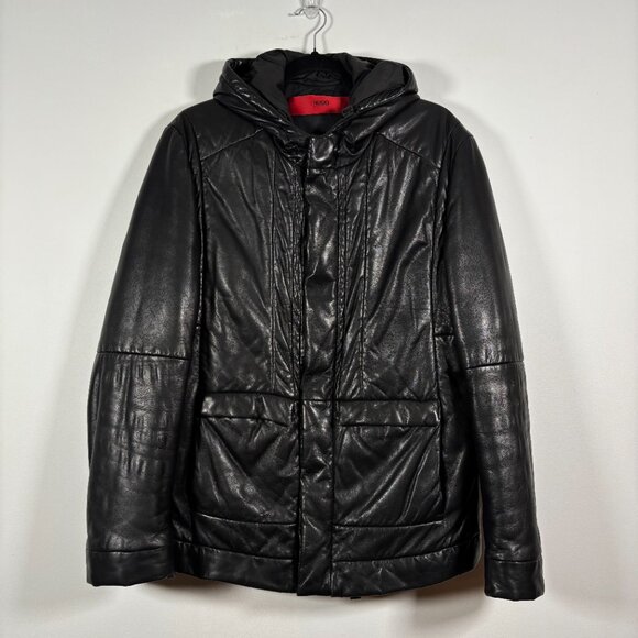 Hugo Boss Lamb Leather Winter Jacket Coat Black Hooded Puffer Luxury Size Small - Picture 2 of 10